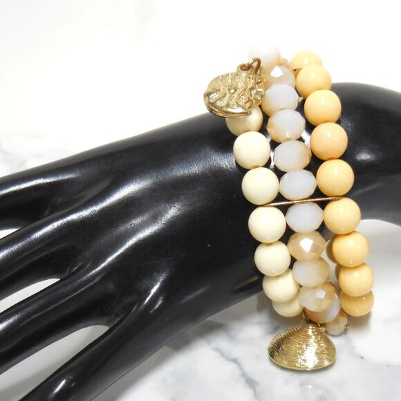 Beaded Layered Beach Style Bracelet | 3-String Ocean Charm Shell & Fish Accents - Picture 2 of 4